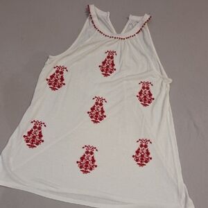 Ann Taylor White Tank Top with Red Floral Accents